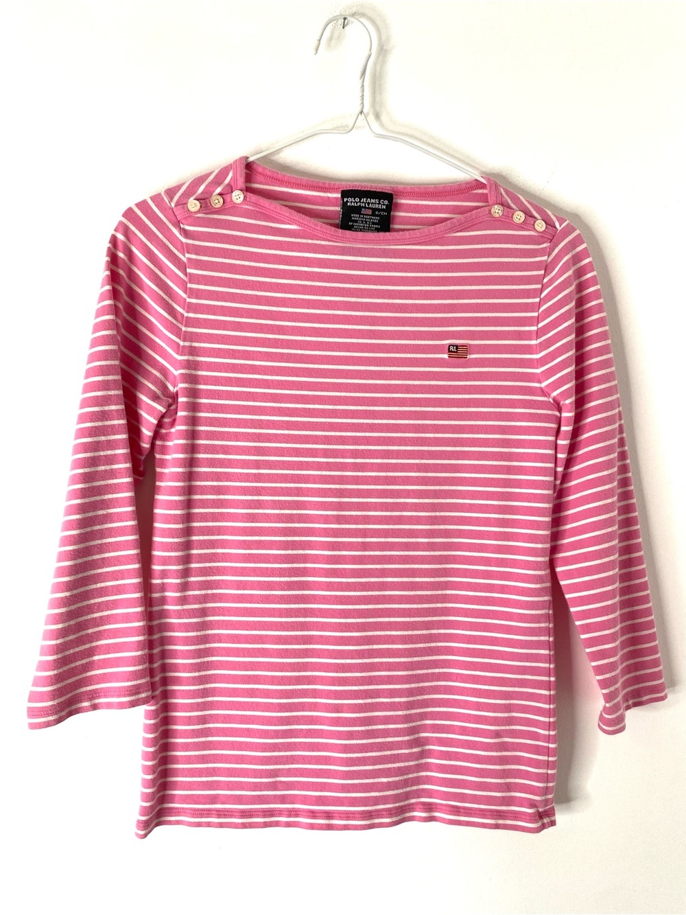 Polo Jeans Co Ralph Lauren Y2K Pink Stripe Flag Logo Boat Neck Top Cotton